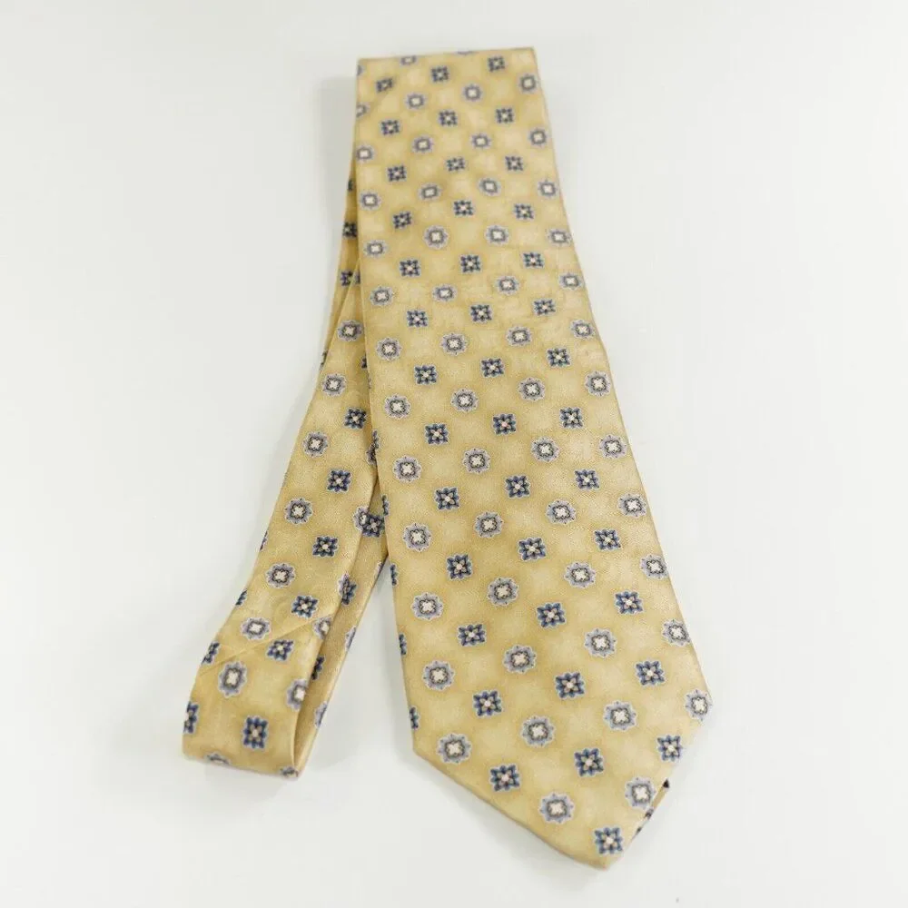 Jos A Bank Yellow Geometric Floral‎ Silk Wide Woven Tie Hand Sewn
